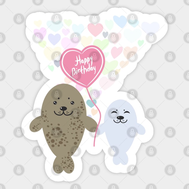 Happy birthday Card Cute Gray Fur Seals Sticker by EkaterinaP